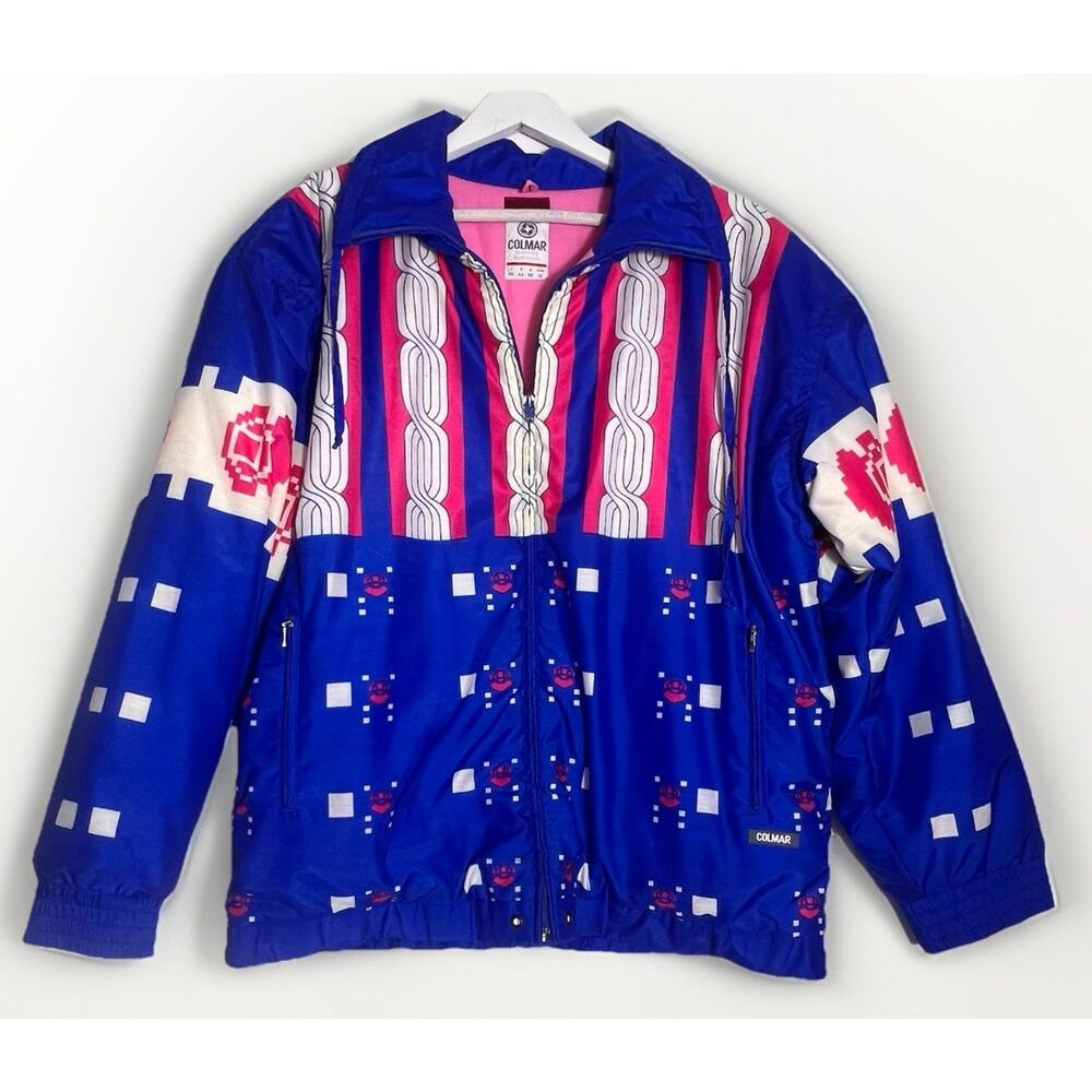 Colmar Puffer Ski Jacket Womens Size 12 Large Pink Blue Zip Made in Italy 80's